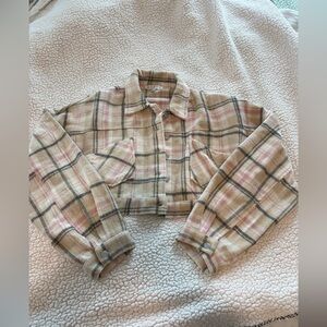 Womens Cropped Pink & White Flannel Jacket Size Large